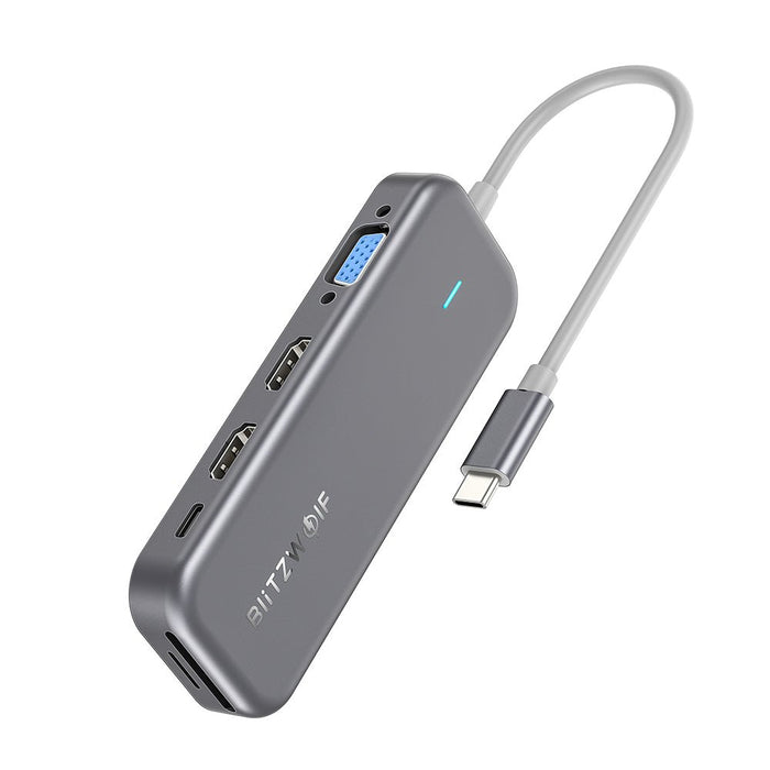 BlitzWolf BW-TH11 - 11-in-1 USB-C Data Hub, Dual 4K HDMI, 1080P VGA, USB3.0, USB2.0, 1000Mbps RJ45 LAN, SD/TF Card Slots - Up to 100W Type-C PD Charging for Professionals - Shopsta EU